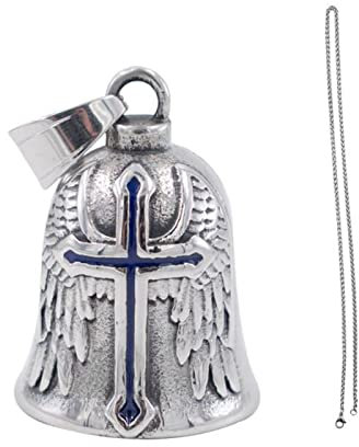 KeaJuidy Motorradglocke Wächterglocke Glücksbringer Ride Bell Mit Kielkette Motorrad Biker Schutzglocke Feder Engelsflügel Kreuzglocke Anhänger Titanstahl Zubehör Viel Glück Schlüsselanhänger