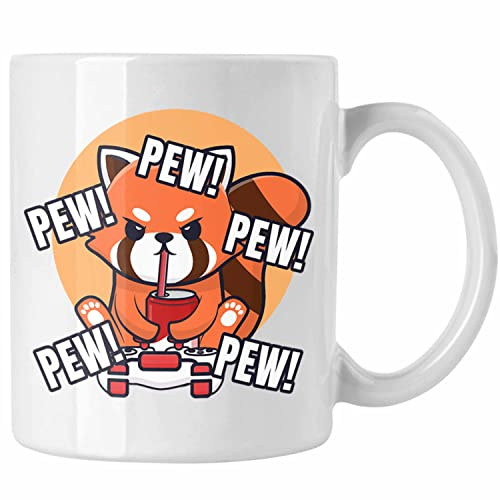 Trendation - Gamer Panda Tasse Kinder Geschenkidee für Jungs Mädchen Lustige Grafik Gaming Jungen Pew (Weiß)