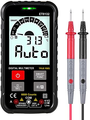 Geevorks ET8132 Digitales Handmultimeter, hohe Präzision, AC-Spannung, DC, Stromwiderstand, Kapazitätsmesser, automatische Identifizierung, True RMS 6000, Perlen mit LED-Taschenlampe-Funktion
