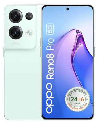 OPPO RENO8 Pro Smartphone 5G, AI Tripla fotocamera 50+8+2MP, Selfie 32MP, Display 6.7” 120HZ AMOLED, 4500mAh, RAM 8GB (Esp. fino 13GB) + ROM 256GB, [Extra Garanzia 24+6Mesi], Colore Glazed Green