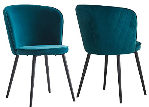 JaHECOME 2er Set Esszimmersessel mit Stoffbezug aus Samt, schwarzen Metallbeine, pflegeleichter Designer-Stuhl, Polsterstühle im skandinavischen Stil, Retro-Design für Esszimmer (2, blaugrün)