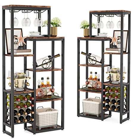 Tribesigns [2 Stück Weinregal freistehender Boden, 5-stöckiges Weinbäckerregal mit Glashalter & Weinaufbewahrung, industrielles Weinregal, Weinbarschrank, für Bar, Küche, Esszimmer Rustic Brown