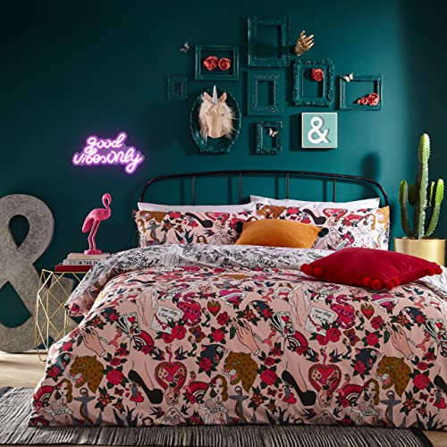furn. Inked Duvet Cover Set - Tattoo Inspired Cartoon Print with Reversible Design, Polycotton Bedding (Pink Blush - King)