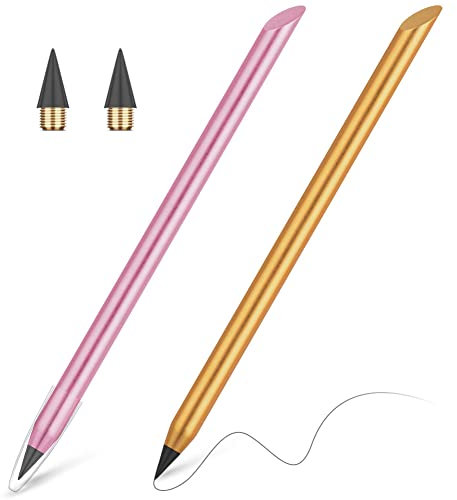 AUAUY 2 Stück Metall Tintenlose Bleistifte Ewig, Infinity Pencil mit 2 Austauschbarem Ewiger Bleistift Wechselkopf für ab 3 Jahren Kinder und Erwachsene Bleistifte (Gold, Pink)