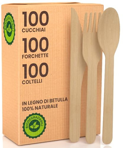 Set Posate Ecologiche in Legno di Betulla 100 Forchette + 100 Coltelli + 100 Cucchiai - Monouso 100% Naturali Biodegradabili e Compostabili Usa e Getta