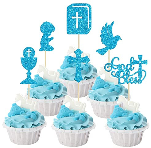 Gyufise 24Pcs Boy God Bless Cupcake Toppers Glitter Dove Chalice Bible Cross Cupcake Picks First Communion Christian Baptism Theme Baby Shower Boys Birthday Party Cake Decorations Supplies Blue