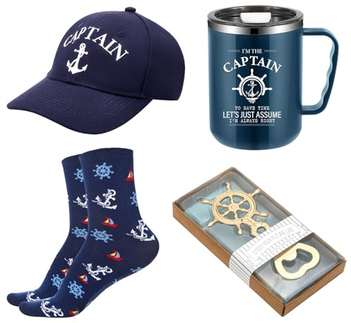 Didaey 4 Pcs Boating Gifts for Men Boat Captain Cap Captain's Hat Stainless Steel I'm Captain Tumbler Cups Rudder Nautical Beer Opener and Boats Socks Summer Father's Day Gifts for Boaters(Dark Blue)