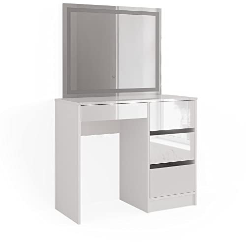 Vicco Schminktisch Sherry, Weiß Hochglanz, 90 cm mit LED-Spiegel