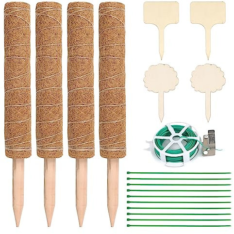 FINDIR 4 pièces Tuteur Coco Tuteur Monstera 40cm Tuteurs pour Plante Grimpante pour Plante Bâton de Coco avec Serre Câbles, Étiquettes de Plantes Poteau de Mousse pour Jardin et Pots