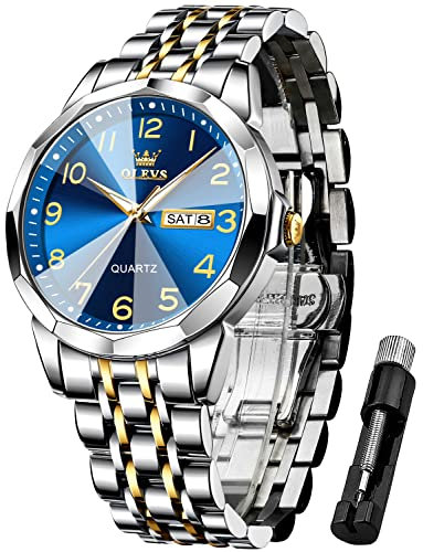 OLEVS Herrenuhren Blau Gold Silber Business-Kleid Luxus-Armbanduhr Leuchtend Leicht zu lesen wasserdichte Edelstahluhr für Männer