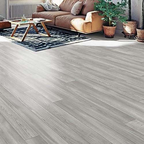 Oak Effect Lino Flooring Light Grey Wood Sheet Vinyl Flooring Roll Non Slip Water Resistant Kitchen Bathroom Cushioned Flooring 2m 3m Width (Styal Grey Sawn Oak, 2m x 3m)