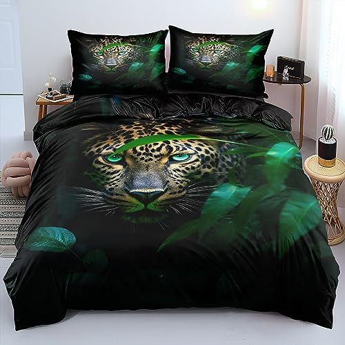 Gnomvaie Tier Bettwäsche 3D Leopard 135x200cm Grün Blätter Bettbezug Schwarz Weich Mikrofaser mit Reißverschluss und Kissenbezug 80x80cm
