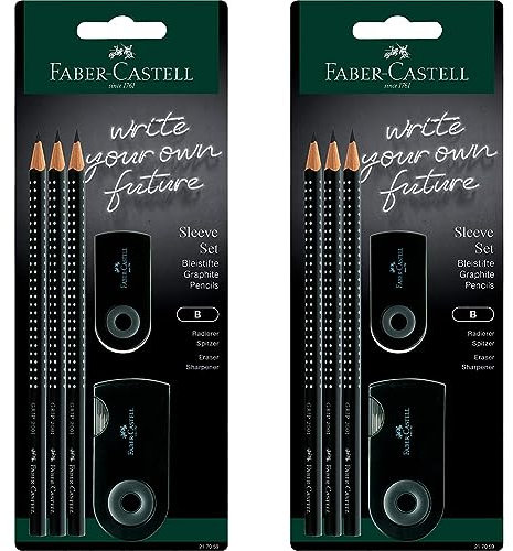 Faber-Castell 217059 - Bleistifte Set Sleeve, mit Spitzer, Radiergummi und 3 Bleistifte, Schreibset Grip 2001 schwarz (Packung mit 2)