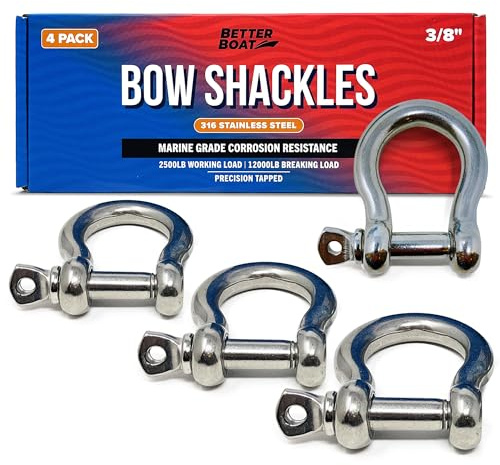 Premium Stainless Steel D-Ring Shackles, Marine Grade, 4-Pack, 3/8 Mini Bow or Clevis Anchor Shackle for Boat, Sailboat, Chain, Rigging Clasp