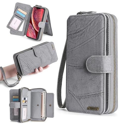 Arseaiy Wallet Case for iPhone 11 Pro Max Magnetic Flip Detachable Phone Case Shockproof PU Leather Zipper Wallet Case Cover with Card Holder Kickstand Shell Gray