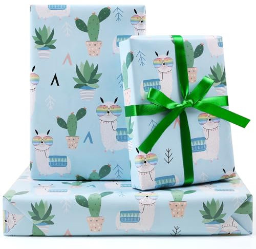 Geschenkpapier mit Kaktus und Alpaka, für Kinder, Damen, Herren, 6 Bögen, niedliches Lama in Gläsern, grünes Kaktus-Muster, Geschenkpapier mit Band, 50,8 x 76,2 cm pro Blatt, Geschenkpapier für