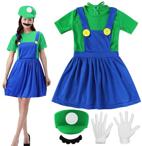 YeahBoom Mario Kostüm Luigi Kostüm Set,4 Stück Luigi Kostüme mit Mütze Bart Handschuhe,Super Bros Cosplay Kostüme,Männer Damen Erwachsene Outfit für Weihnachten Karneval Cosplay Faschingskostüme