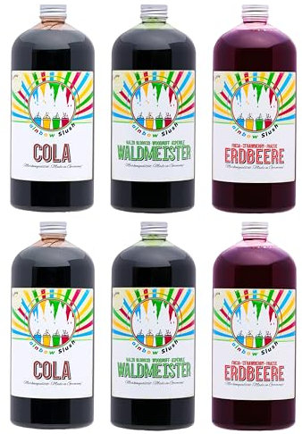 Rainbow Slush Sirup AZO FREI | 6x1 Liter Flasche | Konzentrat für Slushy Maker Eis Slushmaschinen Eismaschinen Getränke 1:5 bis 1:20 (2xErdbeere/2xCola/2xWaldmeister)