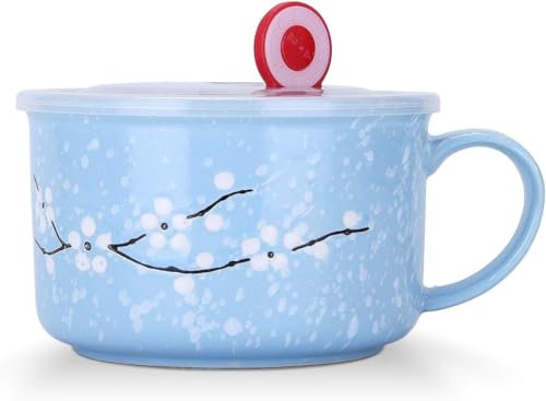 Biigming Tazza Grande in Ceramica con Coperchio e Manico tazza XXL 800ml per la Colazione Noodle Fiori di Ciliegio Tra la Neve per Insalata e Cereali (Blu)