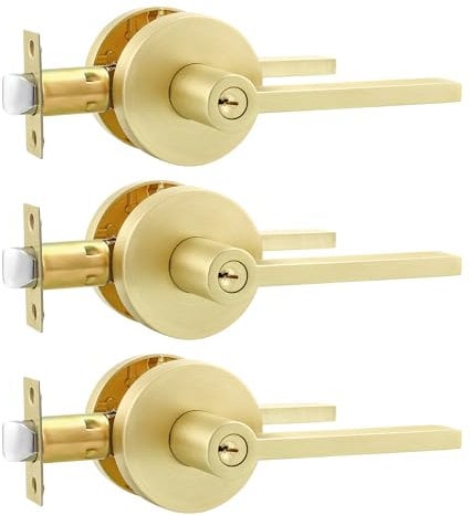 Karlstone 3 Pack Entry Door Handle,Interior Gold Door Knobs in Zinc Alloy, Interior Door Levers with Key,Modern Door Lever for Left or Right Handing,Heavy Duty Constructions