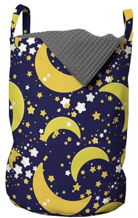 ABAKUHAUS Universum Wäschesack 2er Pack, Halbmond und Stern, Wäschekorb mit Griffen und Kordelzugverschluss, Zweierpack 33cm x 50cm, Mustard Indigo