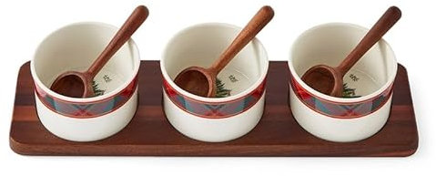 Spode Christmas Tree Condiment Set - 7 Piece Holiday Serveware Set - Ceramic Dip Bowls, Spoons, Serving Tray Included - Appetizers, Sauces, and Snacks - Tartan Plaid, Festive Entertaining