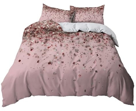 YBRAVO Pink Double Duvet Set Rose gold sequins Bedding Double Bed Set Microfibre Quilt Covers 200x200 cm with 2 Pillowcase Bedroom Decorative Bed Set Zipper Closure Easy Care