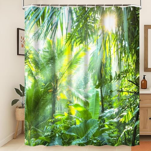Xiaoterna Rideau de Douche Printemps Forêt Tropicale Jungle Verte luxuriante Rideau de Salle de Bain Lever de Soleil Rideau de Douche Tissu imperméable et Lavable en Machine 150x180cm