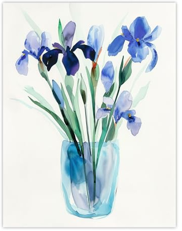 Artery8 Blue Iris Flower Bouquet Vase Floral Watercolour Living Room Unframed Wall Art Print Poster Home Decor Premium