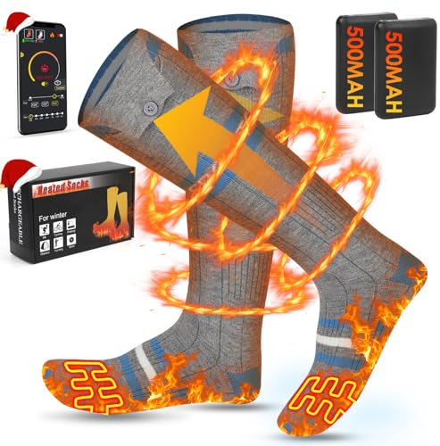 Calcetines Calefactables, 5000*2mAh Calcetines Térmicos Recargables Unisex con 4 Temperaturas, APP Control Calcetines Calefactable Lavables, Calcetines de Calefacción Recargables (Gris, Talla única)