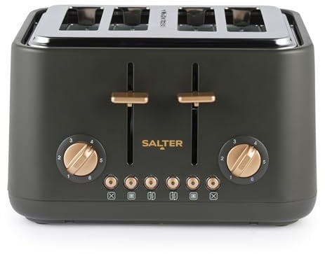 Salter Pebble Tostadora de 4 Rebanadas – Ranuras anchas, 6 niveles de tostado, ranuras auto-centrantes, bandeja de migas extraíble, descongelar/recalentar/cancelar, gris carbón/oro, EK5823CBVDE