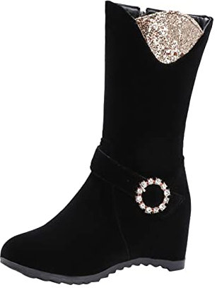 Generico Stivali con Ghetta Donna Stivali Brillantini Donna Stivali centrali di Rinforzo Interni con Cerniera Laterale con Fibbia in Pelle Scamosciata Tinta Stivali Donna Primaverili (Black, 41)