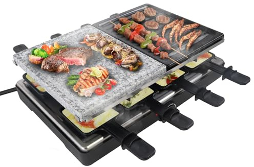 FIVMEN Raclette 8 Personen Raclette Grill 1400W mit 8 Pfännchen, 2 Granitplatte & Antihaftplatte Electric Grill Tischgrill Partygrill Elektrogrill Temperaturregulierung für Grillen
