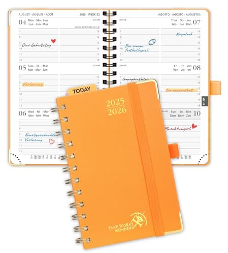 POPRUN Taschenkalender 2025 2026 Klein Ringbuch mit Hardcover, ca. A6 (16 x 10,5 cm) - Kalender 2025 2026 Klein (Aug.2025-Dez.2026) - Wochenplaner mit Vergoldete Schutzecken - Orange