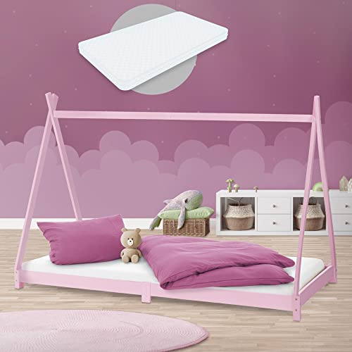 ML-Design Kinderbett Tipi 90x200 cm Rosa mit Matratze H:16cm, Lattenrost, Indianer Bett aus Kiefernholz, Hausbett für Mädchen/Jungen, Bodenbett Kinderhaus Jugendbett Holzbett Bettenhaus Spielbett Zelt