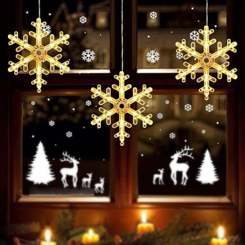 3pcs Ghirlanda luminosa di Natale, luci a led natalizie con ventose, luce della finestra di Natale, tenda luminosa per finestre di Natale, decorazione per interni esterni (3* fiocchi di neve)