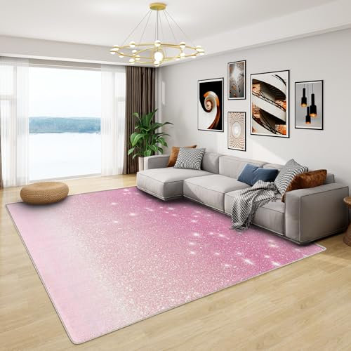 Glitzer Teppich Rosa - Teppich Wohnzimmer Schlafzimmer Glitzer Ombre, Kleiner Teppich Rosa Weiß, Weich Kurzflor & Waschbar & rutschfest Fussmatte Innen, Kinderteppich 50x80 cm