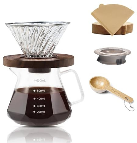 CHDEXU Pour Over - Juego de cafetera de cristal borosilicato de 600 ml con tapa de cristal, 50 filtros de papel, mango de nogal, gotero de café para casa, cafetería, restaurante