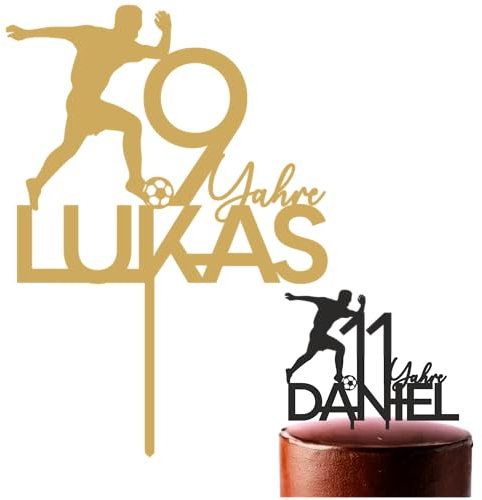 decoresca Personalisierte Kuchendeko Geburtstag mit Name und Alter - Tortenaufsatz Fußball-Thema - Torten Topper Fußballer Erhältlich in Acryl & Sperrholz Material