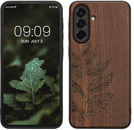 kwmobile Hülle kompatibel mit Samsung Galaxy A56 5G Hülle - Holz Case - Handy Cover - TPU Handyhülle in Dunkelbraun Blätterzweig