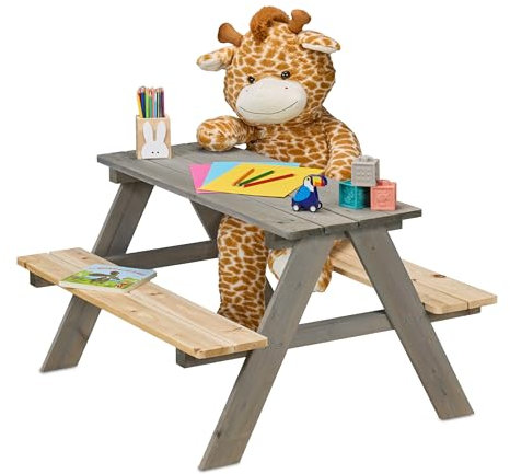 Relaxdays Kindersitzgarnitur Garten, Picknickbank, HBT: 51x90x78 cm, Kindersitzgruppe für 4 Kinder, Holz, grau/Natur