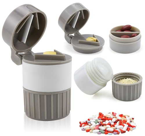4-in-1 Pill Crusher, Cutter & Grinder, Travel Pill Organiser, Portable | Stainless Steel V‑Cutter, Screw Grinder, 3 Compartments, Drinking Cup, Medical Plastic, Pocket Size, For Daily Or Travel.