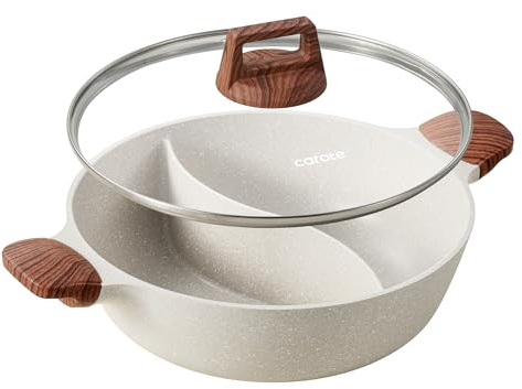 CAROTE Hot Pot with Divider Double Flavor Divided Stockpot with Glass Lid, Dual Sided Nonstick Stock Pot, Shabu Shabu Pots, Cookware for Induction Cooktop Gas Stove, 4.5-QT