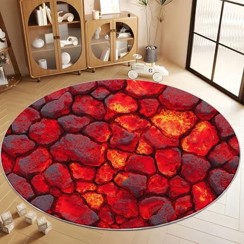 Runder Teppich Abstrakt Lava Textur, Waschbar rutschfest Bedruckt Rot Wohnzimmerteppich - Flauschig Rund Teppich 180 cm für Schlafzimmer Wohnzimmer Küche