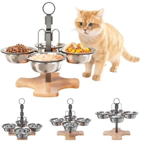 GOMETY Lot de 4 gamelles surélevées pour chat - En acier inoxydable - Support réglable en hauteur - Gamelle surélevée pour chat et petit chien