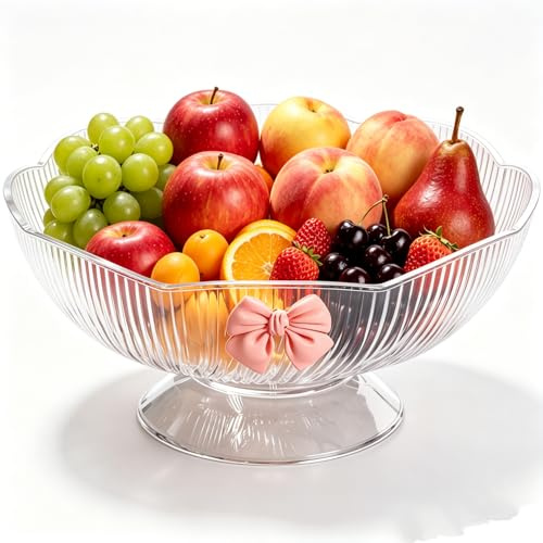 Tissting Decorative Fruit Bowl Plastic 25cm Pedestal Fruit Basket | Dessert Dish for Farmhouse Kitchen Breads Snacks Home Ornaments Wedding Decor Transparent