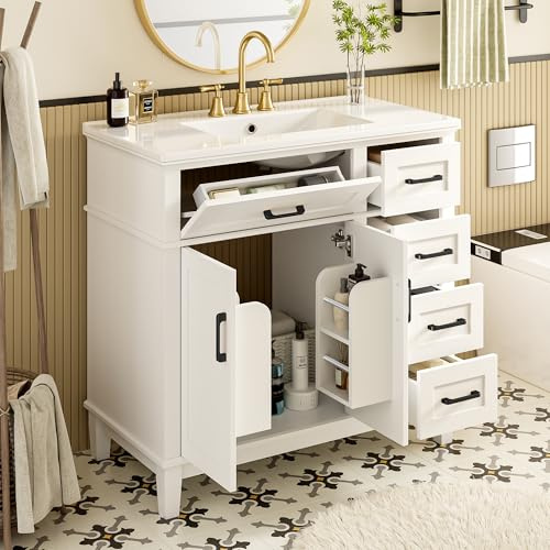 Mueble de baño de 91x46,5x86,4 cm, Blanco, cajones con Cierre Suave, Tirador Plegable, Estante de Doble Puerta, Patas de Madera Maciza, Tirador Negro, Lavabo cerámico Integrado