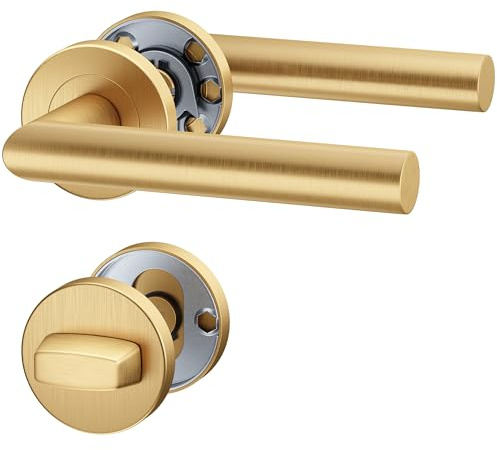 ERGO line NINA Gold Türbeschlag für Badtüren WC, L-FORM, PVD-Gold matt, Rund-Rosette, Türgriff für Türen, Drückergarnitur, Türbeschlag, Türklinken Innentüren, Türdrücker