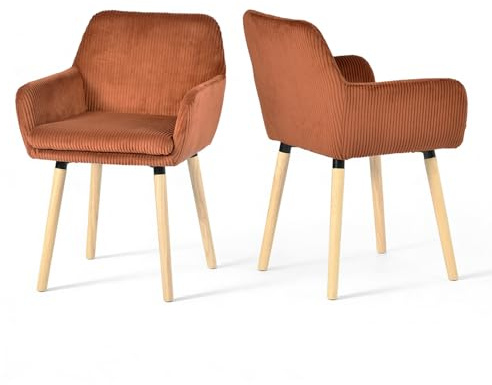 MEUBLE Cosy Sillas de Comedor Escandinavo Juego de 2, Sillas Cocina con Reposabrazos, Asiento Acolchado en Tela de Pana, Patas de Madera, Rojo