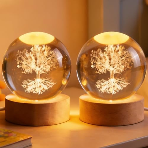 LEKEFETO 2 sfere di cristallo da 60 mm, decorazione a forma di albero della vita, cristallo bianco, incisione laser, 60 mm, sfera di cristallo con base, per luce notturna, soggiorno, ufficio